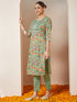 Janasya Women's Mint Green Pure Cotton Yoke Embroidered Floral Printed Straight Kurta Set